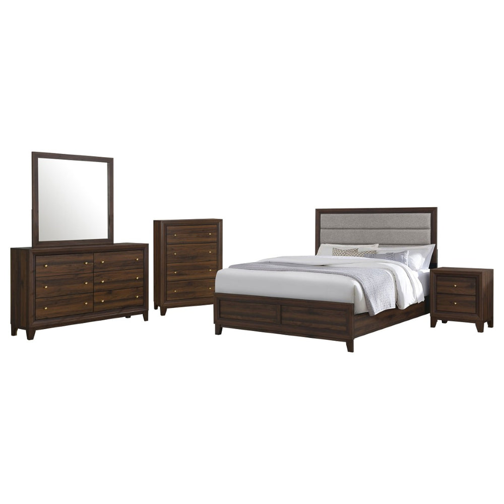 English Elm Anza Queen Bedroom Set with Taupe Upholstered Headboard and Walnut Finish Storage B062S01691
