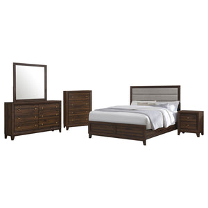 English Elm Anza Queen Bedroom Set with Taupe Upholstered Headboard and Walnut Finish Storage B062S01691