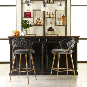 English Elm Counter Height Stools Set of 2 Mid-century Metal Legs Ergonomic Kitchen Island Seating Black T3623P430871