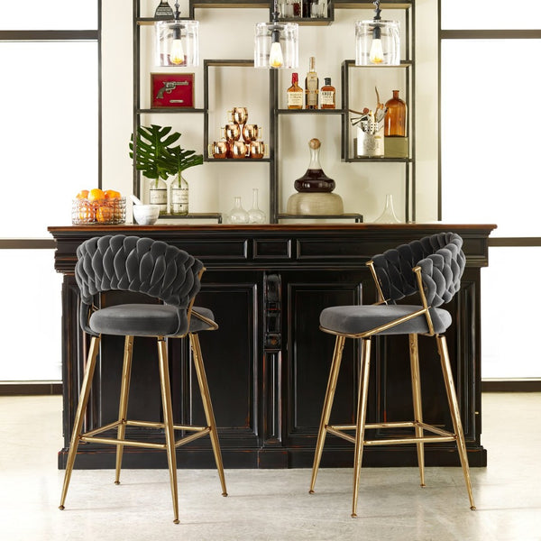 English Elm Counter Height Stools Set of 2 Mid-century Metal Legs Ergonomic Kitchen Island Seating Black T3623P430871