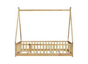 English Elm Full Size Rubber Wood Tent-Shaped Floor Bed With Guardrails & Door - Cozy, Modern Retreat For Kids W504P345788