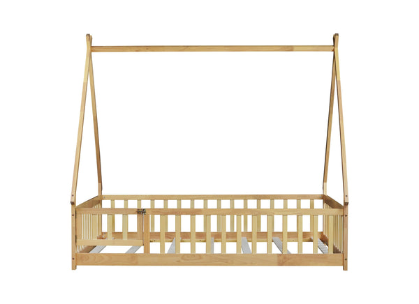 English Elm Full Size Rubber Wood Tent-Shaped Floor Bed With Guardrails & Door - Cozy, Modern Retreat For Kids W504P345788