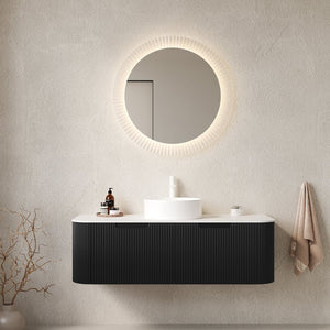 English Elm Dina 48" Modern Floating Bathroom Vanity With Round Ceramic Sink, Black Striped Design & Storage Drawers W2615S00168