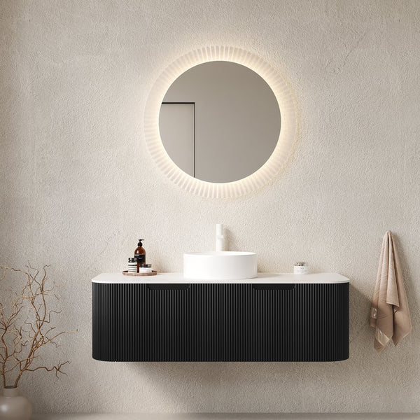 English Elm Dina 48" Modern Floating Bathroom Vanity With Round Ceramic Sink, Black Striped Design & Storage Drawers W2615S00168