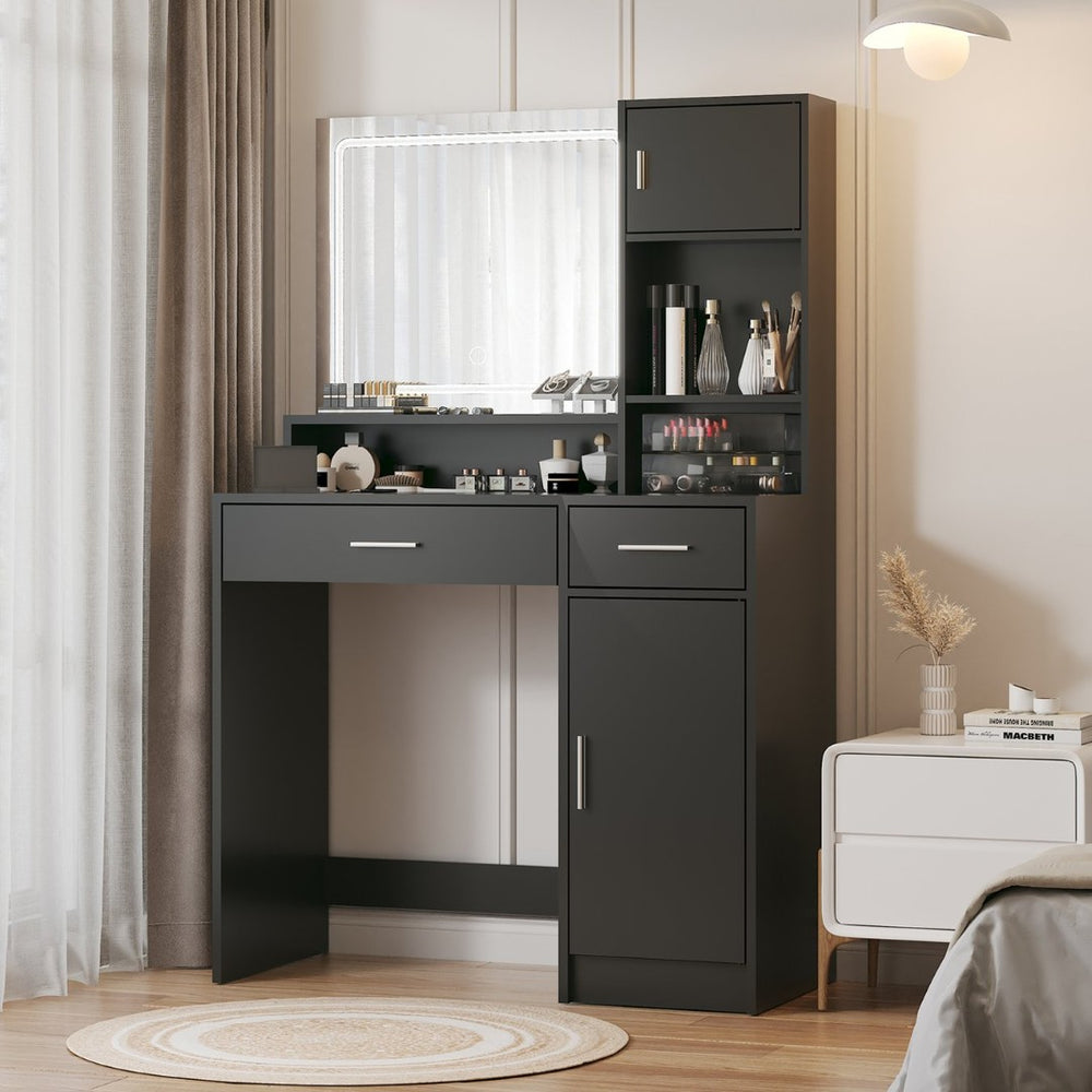 English Elm Vanity Desk With Led Touch Mirror, 3-Level Storage, Adjustable Brightness & Sleek Black Finish W2386P192269-GIGA