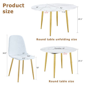 English Elm Table and Chair Set Extendable Round Mdf Dining with Gold Legs Linen Seats W1151S03957