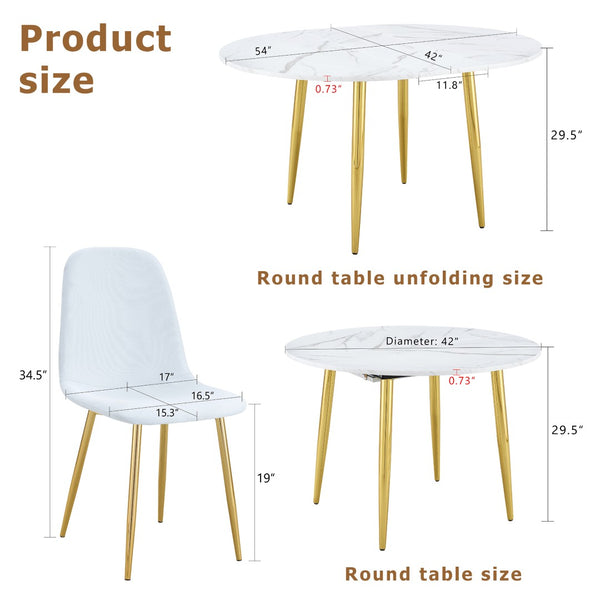 English Elm Table and Chair Set Extendable Round Mdf Dining with Gold Legs Linen Seats W1151S03957