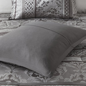 English Elm 7 Bellagio Jacquard Comforter Set Queen with Luxe Leaf, Ironwork Motifs, Pleated Embroidered Pillows & Bedskirt Grey 23.62 L x 18.5 W x 12.99 H B03597022