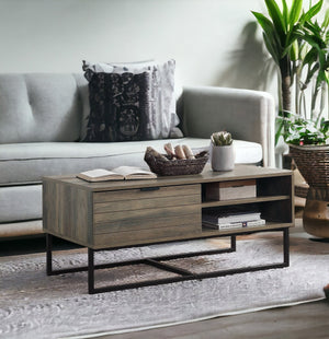 English Elm Homare Rustic Oak Coffee Table with Black Metal Legs, 1 Door & 2 Open Shelves, Adjustable Height B2726P281466