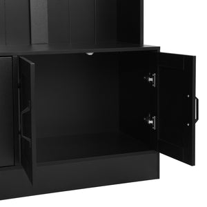 English Elm VIBE Modern 79" Hall Tree with 6 Cabinets, Bench Seating, Adjustable Shelf & 4 Metal Hooks for Entryway Black SJ000148AAB