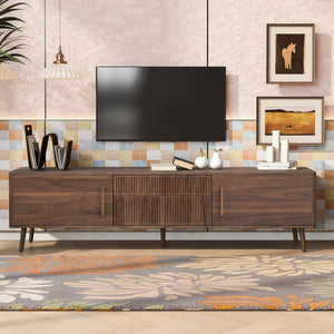 English Elm Mid Century TV Stand Walnut Finish with 2 Drawers, Cable Management, Solid Wood Legs, 80'' Safe Storage and Style N710P222772P