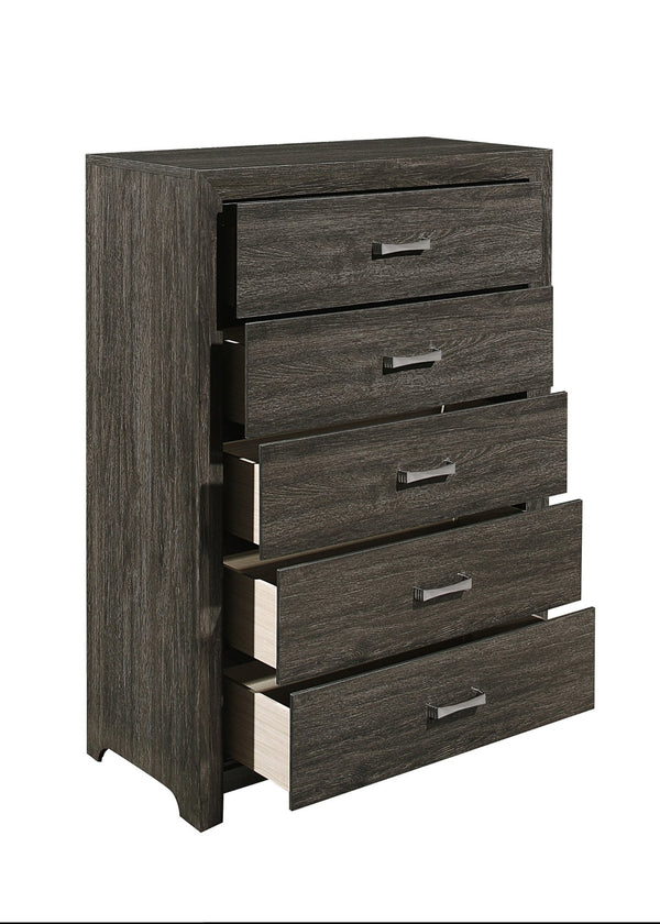 English Elm Dark Charcoal Five Drawer Chest with Chrome Pulls for Contemporary Bedroom Storage B011P199393