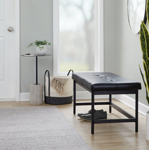 English Elm Bench Upholstered in Faux Leather with Powder Coated Frame for Bedroom or Entryway B202S02134
