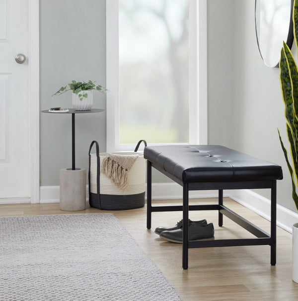 English Elm Bench Upholstered in Faux Leather with Powder Coated Frame for Bedroom or Entryway B202S02134