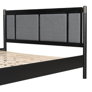 English Elm Solid Pine King Platform Bed with Upholstered Headboard and Industrial Metal Accents Black,Dark Grey N770PK361419B
