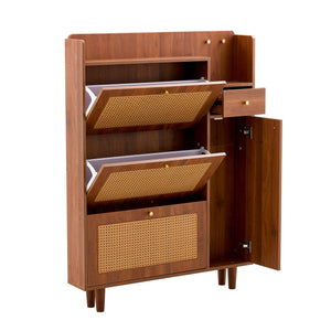English Elm The modern minimalist MDF shoe cabinet with walnut finish, metal legs, multi-drawer storage, 49.2" L elegant organizer W3226P278926