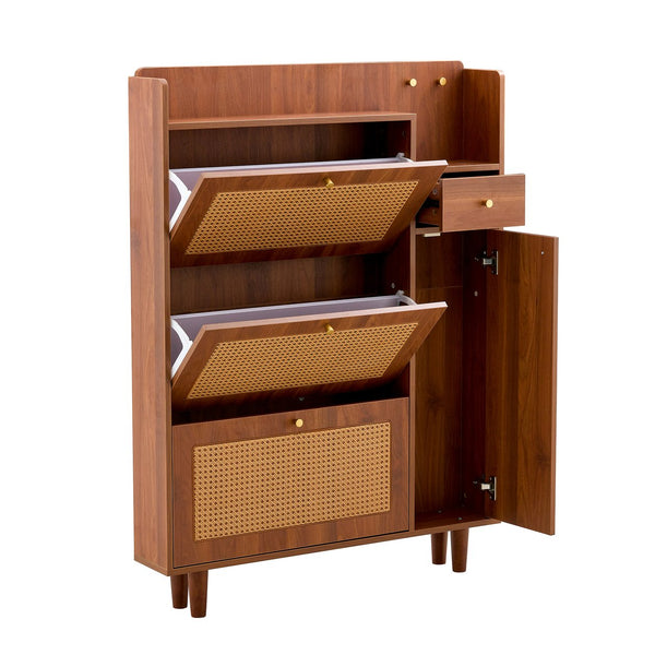 English Elm The modern minimalist MDF shoe cabinet with walnut finish, metal legs, multi-drawer storage, 49.2" L elegant organizer W3226P278926