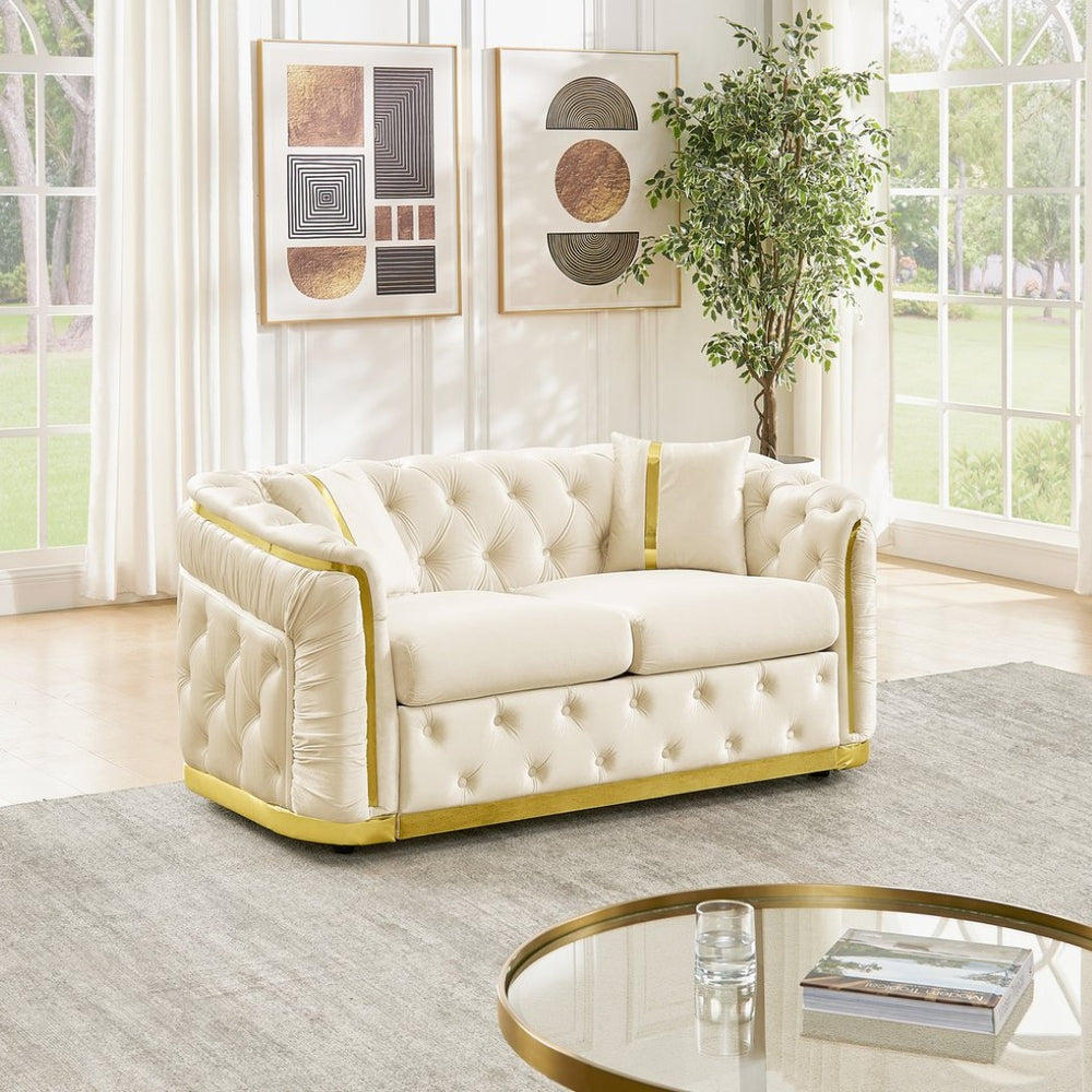 English Elm 62.6 Inch Chesterfield Velvet Loveseat with Gold Steel Trim Button Tufted Luxury Seating Beige W1191S00093