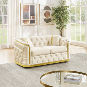 English Elm 62.6 Inch Chesterfield Velvet Loveseat with Gold Steel Trim Button Tufted Luxury Seating Beige W1191S00093
