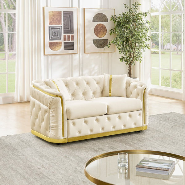 English Elm 62.6 Inch Chesterfield Velvet Loveseat with Gold Steel Trim Button Tufted Luxury Seating Beige W1191S00093