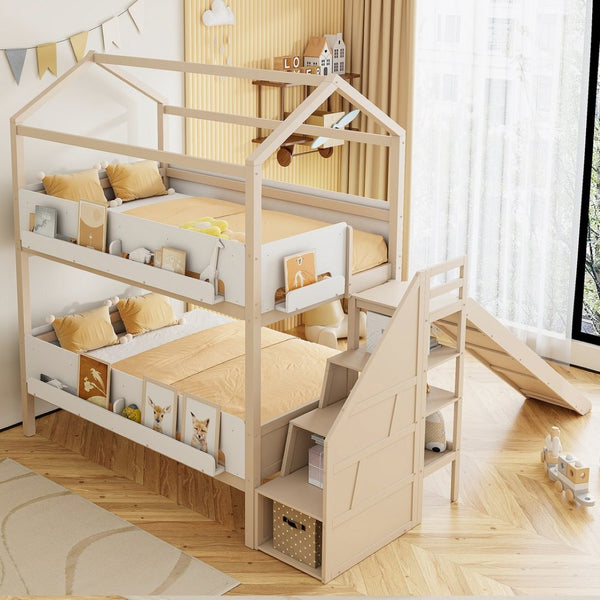 English Elm House-shaped Pine Bunk Bed with Built-in Slide Storage Staircase Twin Over Full Kids Frame Beige+White N820S00082A