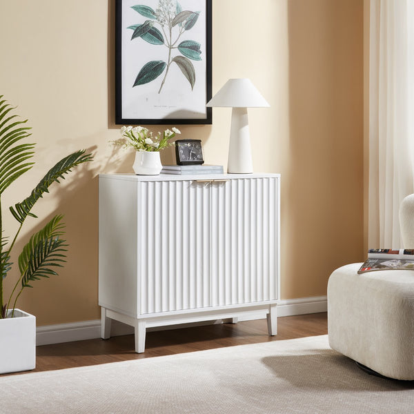 English Elm 2 Door Storage Cabinet with Fluted Fronts and Brass Handles, Mid-Century Accent Console for Entryway White W914P292864