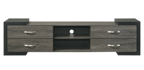 English Elm 1pc Mid-Century TV Stand 71.1" Wide Light Finish with Sliding Doors, Tapered Legs & Gold Handles Black,Gray 18.2 L x 73.1 W x 22 H B2741P406249