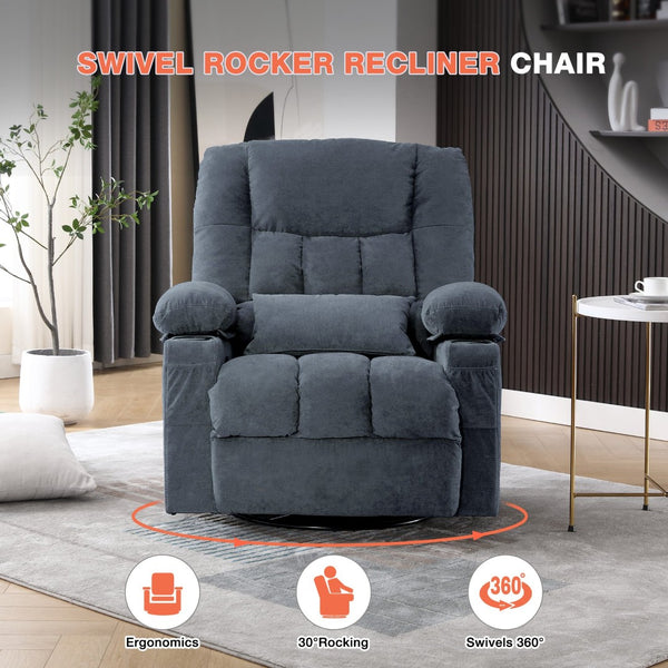 English Elm Massage Swivel Rocker Recliner with Heat Lumbar Relief and Usb Port for Living Room Blue W1521P478306
