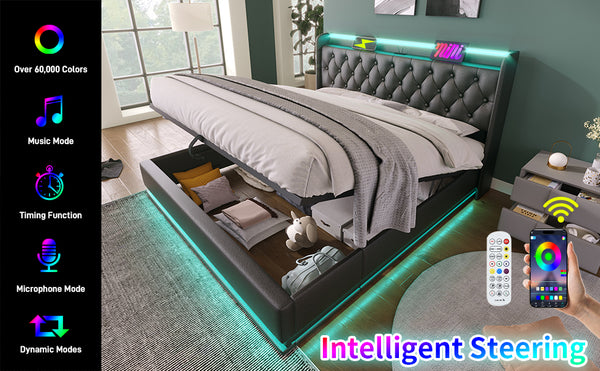 English Elm King Upholstered Bed with Surround LED, App/Remote Control, Hydraulic Storage, USB Type-C Charging Black N736P188808B