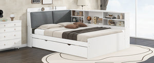 English Elm Wood Full Size platform bed with trundle, built-in storage headboard and shelves, sturdy pine frame White GX002055AAK
