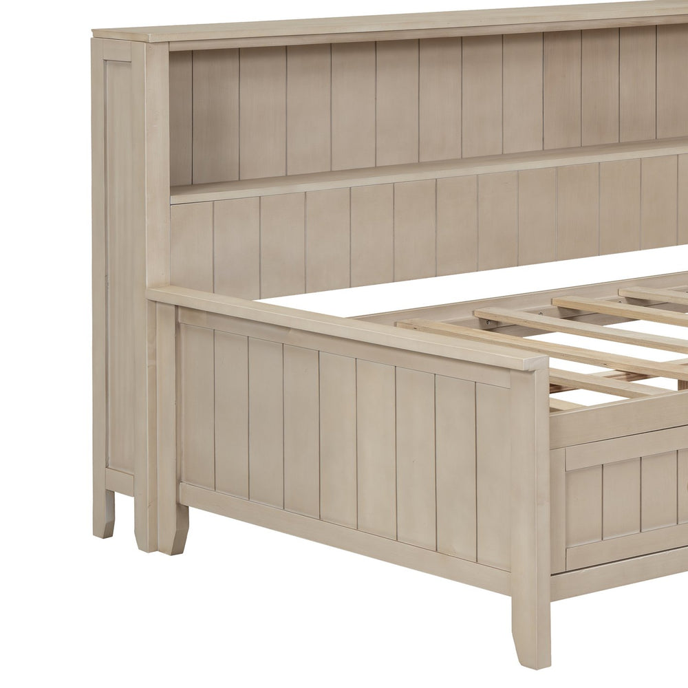 English Elm Twin Wood Daybed with 3 Drawers & Open Shelves, Antique White Milk Finish — Storage, Classic Charm, Twin Size Craftsmanship GX002213AAK