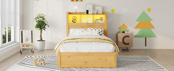 English Elm Twin Wood Storage Bed with Led Headboard Drawers and Pull Out Cabinet for Kids Natural W2593S00049