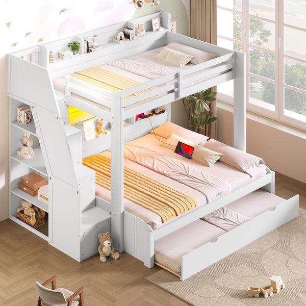 English Elm Twin Over Full Bunk Bed with Stair Drawers Shelves Led Lighting and Usb Port White N7090005013K