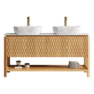 English Elm Dina 60 Inch Floating Bathroom Vanity Sintered Stone Top Dual Glass Basins Wood Grain W2615S00519