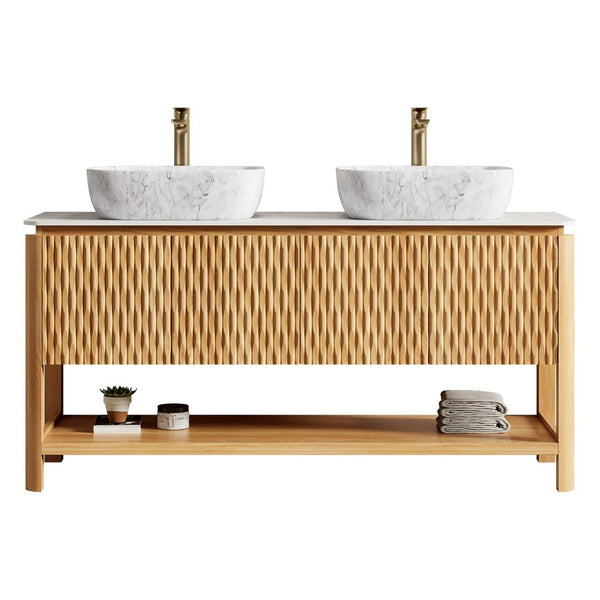English Elm Dina 60 Inch Floating Bathroom Vanity Sintered Stone Top Dual Glass Basins Wood Grain W2615S00519