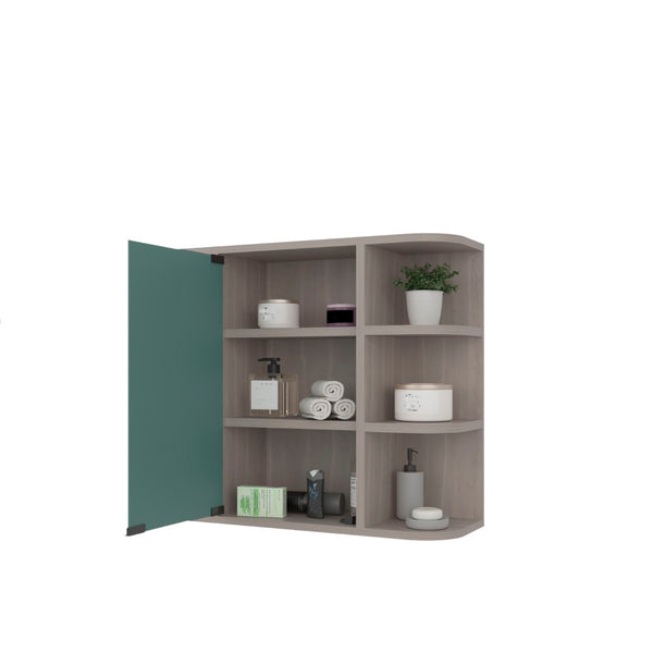 English Elm Medicine Cabinet with Mirrored Door Six Open Shelves Light Gray Bathroom Wall Storage B097133146