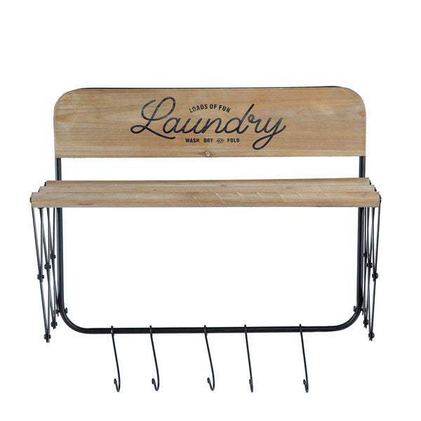 English Elm 20x14x20" Wooden Accordion Laundry Rack with 3 Bars & 5 Hooks for Towels Robes Compact Organizer W2078P223127
