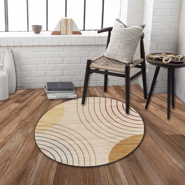 English Elm RABBIT Washable Non-Slip Round Rug 41" Ivory & Gold Polyester Foldable Durable Kid Pet Friendly B186P261393