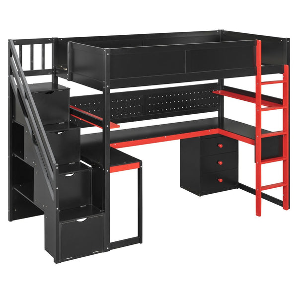 English Elm Full Size Gaming Loft Bed with Led Lighting Desk Shelves and Usb Charging Ports N820S00070J
