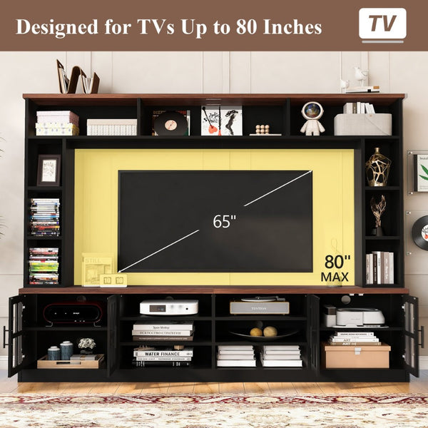 English Elm 95.5" Modern Farmhouse Wall Unit Mdf Bookshelf with Tempered Glass Cabinet Doors Black SJ000161AAB
