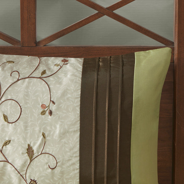 English Elm Embroidered 7-Piece King Comforter Set In Green, Chocolate & Taupe - Luxurious Floral Design & Pillows B03597124
