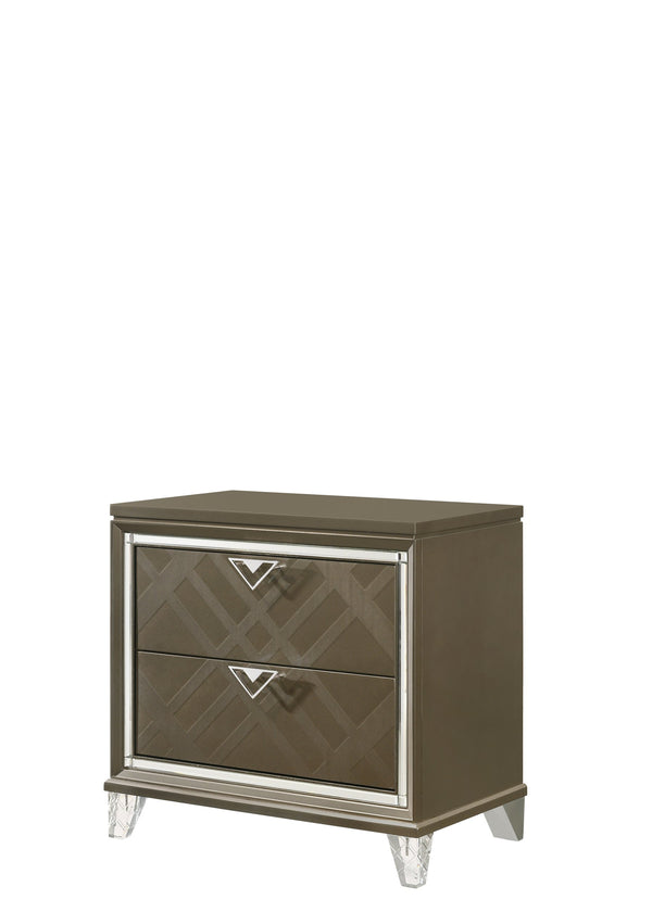 English Elm Skylar Champagne Finish Nightstand with Embossed Drawers, Mirrored Trim & Acrylic Tapered Legs B2726P261234