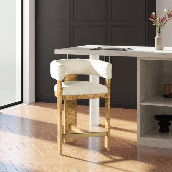 English Elm Jennifer Taylor Home - Vavona Burl Counter Height Bar Stool 26.5" – Polar Off-White Sherpa Upholstered Barrel Back, Chic B2719P286839