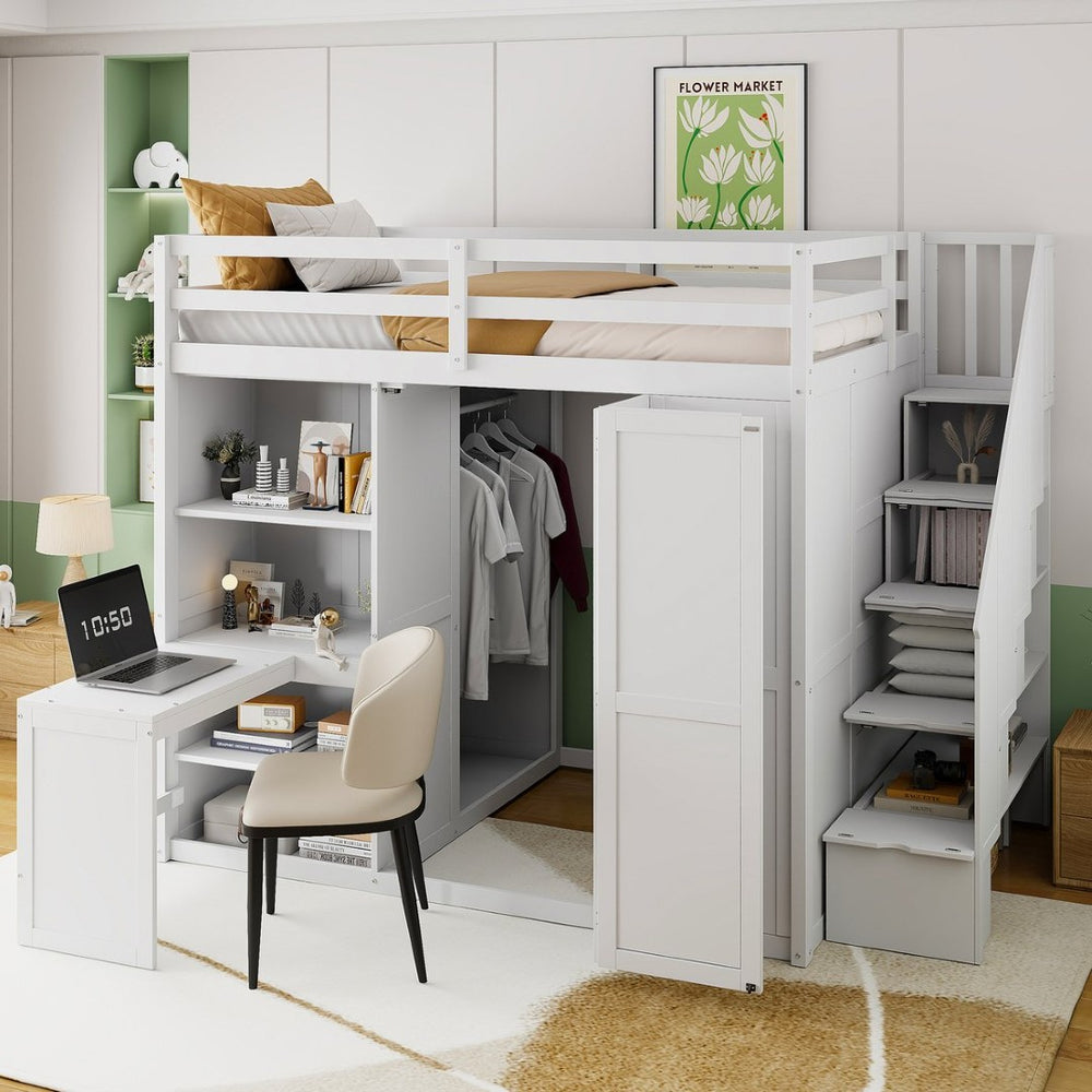 English Elm Full Size Loft Bed with Wardrobe Desk and Shelving for Modern Teen Bedroom White LT000679AAK-1