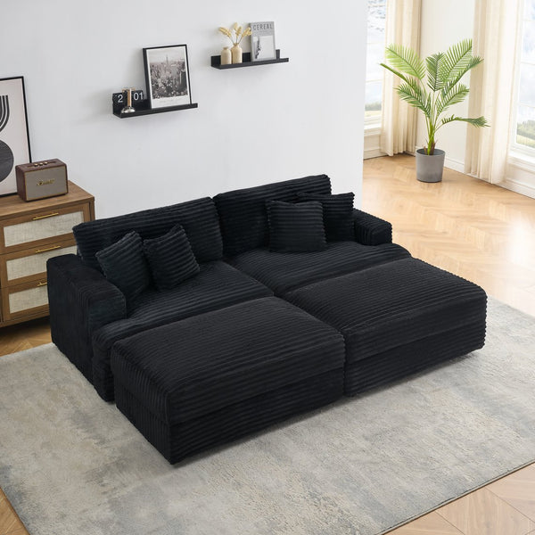English Elm 88.58-Inch Black Corduroy Sofa With Storage Legs & 4 Pillows - Cloud-Like Comfort For Living Spaces W3356S00010