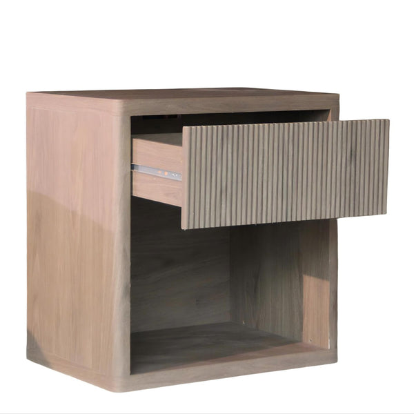 English Elm Night Stand Large Modern Fluted Nightstand with Drawer and Open Shelf Curved Mid‑Century Design Durable Finish Ash Brown W3417P388719