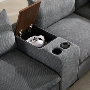 English Elm 139'' U-shaped Corduroy Sectional with Ottoman Console Usb Port and Cup Holders for Living Gray N723S1166E