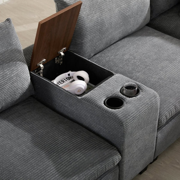 English Elm 139'' U-shaped Corduroy Sectional with Ottoman Console Usb Port and Cup Holders for Living Gray N723S1166E