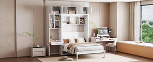 English Elm Full Size Murphy Wall Bed with Fold Away Desk Cabinet and Shelves for Small Spaces N708S00020K-1