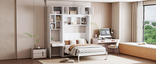 English Elm Full Size Murphy Wall Bed with Fold Away Desk Cabinet and Shelves for Small Spaces N708S00020K-1